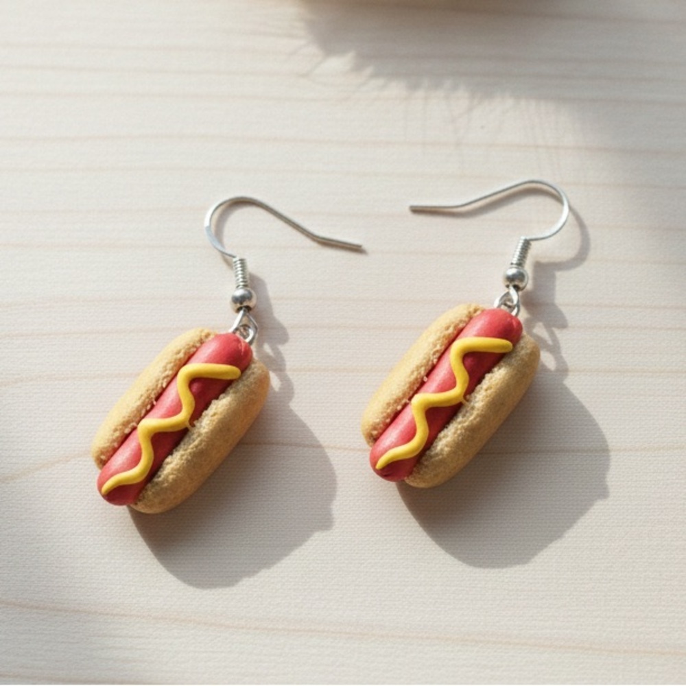 Mustard Hotdog Dangle - Handmade Earrings - Hypoallergenic